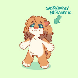 ambiguous_gender anthro chibi curly_hair fluffy hair pink_nose simple_background smile solo standing teal_eyes text squishysheepie spud_(squishysheepie) canid canine felid feline hybrid mammal 1:1 hi_res nonbinary_(lore)