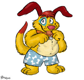 anthro blue_bottomwear blue_clothing blue_pants bone_pattern_clothing bone_pattern_pants bottomwear clothing collar fur jaspers looking_at_viewer male pants patch_(marking) pink_nose red_ears simple_background smile solo standing tail tongue tongue_out white_background yellow_body yellow_fur yellow_tail curritoss mutt_&_stuff nickelodeon sid_&_marty_krofft_pictures stuff_(mutt_&_stuff) canid canine canis domestic_dog mammal 2015