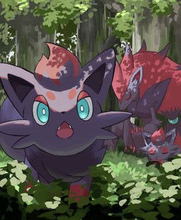 ambiguous_gender anthro black_nose blue_eyes claws cute_fangs fangs feral forest fur grass grey_body grey_ears grey_fur group head_tuft looking_at_viewer open_mouth plant red_body red_fur teeth tree trio tuft zira2626 nintendo pokemon generation_5_pokemon pokemon_(species) zoroark zorua 2023 absurd_res hi_res