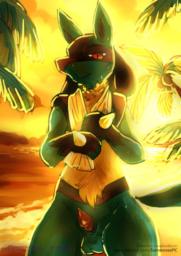 animal_genitalia anthro backlighting balls beach black_body black_fur blue_body blue_fur chest_tuft fur genitals half-closed_eyes half-erect hand_spike light looking_at_viewer male narrowed_eyes nude palm_tree penis penis_tip plant pupils red_eyes seaside sheath sky slit_pupils solo spikes spikes_(anatomy) standing sunset towel tree tuft water wet wet_body wet_fur white_towel yellow_body yellow_fur canadianbacon nintendo pokemon someone's_pc canid canine generation_4_pokemon lucario mammal pokemon_(species) hi_res lighting shaded