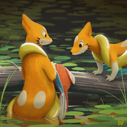 ambiguous_gender duo ear_fins fangs feral fin flotation_sac fur lily_pad log logo looking_at_another male markings orange_body orange_fur partially_submerged plant red_body red_scales scales tail tail_fin tan_body tan_fur teeth water whisker_markings whiskers wood diego_monardes nintendo pokemon aquatic fish floatzel generation_1_pokemon generation_4_pokemon magikarp pokemon_(species) 1:1 2018 hi_res