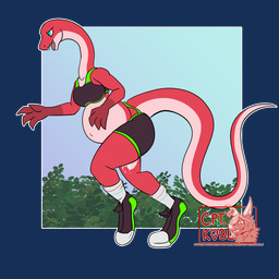 black_bottomwear black_bra black_clothing black_footwear black_shoes black_shorts black_sports_bra black_underwear blue_eyes bodily_fluids border bottomwear bra clothing cum detailed_background female footwear genital_fluids gloves_(marking) leaking_cum markings pink_body pink_skin red_body red_skin shoes shorts sky socks solo sports_bra text transparent_border underwear white_clothing white_footwear white_socks captain_kobold coelia_(furrin_gok) coelophysid coelophysis dinosaur prehistoric_species reptile saurischian scalie theropod 1:1 absurd_res alpha_channel hi_res url