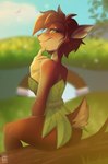 anthro blurred_background breasts brown_hair butt clothing detailed_background dress eyebrows eyelashes female green_eyes hair leaf_clothing looking_at_viewer narrowed_eyes notched_ear outside scut_tail short_tail sitting smile smiling_at_viewer solo tail rin_tyan activision spyro_the_dragon elora deer faun faun_(spyro) mammal satyr 2022 artist_name digital_media_(artwork) hi_res