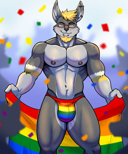 anthro anthro_focus areola barazoku beard big_bulge blonde_hair blurred_background blush bulge clothed clothing confetti ear_piercing ear_ring eyewear facial_hair fingers front_view fur glasses grey_body grey_fur group hair humanoid_hands industrial_piercing jockstrap jockstrap_only lgbt_pride looking_at_viewer male male_focus muscular muscular_anthro muscular_male navel nipples one_eye_closed pecs piercing pride_color_clothing pride_colors rectangular_glasses ring_piercing short_hair silhouetted_body smile solo_focus standing text topless topless_anthro topless_male underwear underwear_only white_body white_fur yellow_body yellow_eyes yellow_fur darolion lagomorph leporid mammal rabbit artist_name colored hi_res portrait shaded three-quarter_portrait