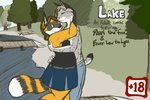 anthro clothed clothing duo female forest hug lake male outside pier plant romantic romantic_couple text tree rhari fever_low rhari_(character) canid canine felid feline fox hybrid lynx mammal procyonid raccoon comic english_text