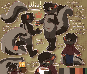 anthro beverage black_nose blue_bottomwear blue_clothing blue_pants bottomwear clothing coffee coffee_cup color_swatch container cup eyewear fangs fur glasses green_eyes grey_body grey_fur grey_hair hair holding_beverage holding_coffee holding_coffee_cup holding_container holding_cup holding_object hoodie male pants pawpads pink_inner_ear pink_pawpads pink_tongue plant plant_pot plantigrade potted_plant round_glasses solo standing tail teeth text tongue topwear wearing_glasses crownedvictory wix_(skunkwix) mammal mephitid skunk striped_skunk absurd_res character_name digital_drawing_(artwork) digital_media_(artwork) english_text flat_colors handwritten_text hi_res model_sheet