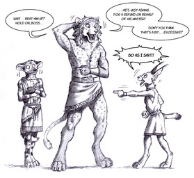 anthro athletic athletic_anthro athletic_male barefoot biped clothed clothing dialogue digitigrade feet gesture group hand_gesture male open_mouth paws pointing scared simple_background speech_bubble standing tail tail_between_legs text topless topless_anthro topless_male trio white_background 0laffson ea-nasir african_wild_dog canid canine caracal caracal_(genus) felid feline lion mammal pantherine 2025 english_text hi_res traditional_media_(artwork)