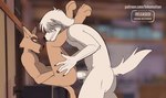 anal anal_penetration anthro duo genitals hair legs_up male male/male penetration penis side_view smile standing ai_assisted ai_generated_background bikomation conditional_dnp beastars collot_(beastars) durham_(beastars) canid canine mammal animated short_playtime