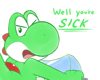 ambiguous_gender anthro biped dialogue disgust driving frown frowning_at_viewer green_body green_tail insult insulting_viewer looking_at_viewer looking_back looking_back_at_viewer motorcycle multicolored_body raised_tail rear_view red_shell scales shell simple_background solo tail talking_to_viewer text two_tone_body vehicle white_background white_body acstlu mario_bros mario_kart nintendo dinosaur green_yoshi prehistoric_species reptile scalie yoshi 2014 english_text reaction_image