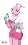 anthro clothing female gloves handwear shirt simple_background solo standing suspenders teasing tools topwear wrench alpha_rain wow!_wow!_wubbzy! widget lagomorph leporid mammal rabbit 2022 absurd_res hi_res