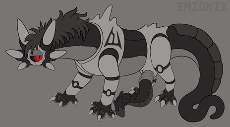 1_eye 4_toes 6_ears animal_genitalia big_eyes big_penis black_mane black_penis black_sclera claws countershade_feet countershade_tail countershade_torso countershading dewclaw digitigrade feet feral genitals grey_background grey_body grey_countershading huge_penis lidded_eyes long_tail looking_away machine male mane mouthless multi_ear penis pupils quadruped red_eyes scuted_feet scuted_tail scutes sheath side_view simple_background slit_pupils solo standing tail text thick_tail three-quarter_view toe_claws toes toony unusual_anatomy unusual_ears unusual_genitalia unusual_penis emionix jacob_(emx) megalurker omnitope robot 2025 absurd_res artist_name flat_colors hi_res nonbinary_(lore)