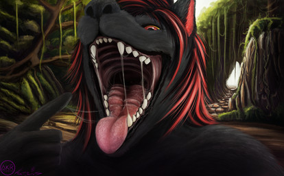 ambiguous_gender black_body black_fur black_hair black_nose bodily_fluids detailed_background forest forest_background fur gaping_mouth gesture hair hand_gesture looking_at_viewer moss mouth_shot nature nature_background open_mouth outside plant pointing pointing_at_mouth pointing_at_self red_eyes red_hair saliva solo teeth tongue tongue_out tree vines yellow_sclera rektalius ashuri_hellwolfe canid canine canis mammal wolf detailed herm_(lore)