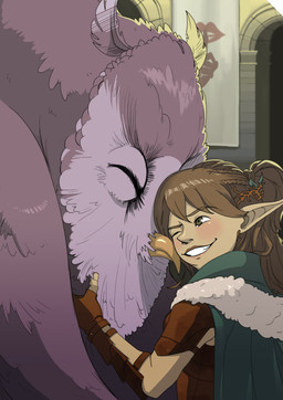 accessory ambiguous_feral ambiguous_gender armor bangs banner beak beak_closed bent_arm blush braided_hair brown_clothing brown_eyebrows brown_eyes brown_fingerless_gloves brown_gloves brown_hair brown_handwear brown_topwear cloak clothed clothed_female clothed_humanoid clothing doorway druid duo ear_piercing eyebrow_through_hair eyebrows eyes_closed feathers female feral fingerless_gloves fur_trim_(clothing) fur_trim_cloak gauntlets gloves green_cloak green_clothing grey_body grey_feathers hair hair_accessory handwear hooded_cloak hug hugging_another humanoid_pointy_ears inside larger_ambiguous larger_feral light lips love magic_user mouth_closed multicolored_body multicolored_feathers one_eye_closed orange_beak pauldron piercing pillar pink_lips pointy_ears ponytail size_difference smaller_female smaller_humanoid smile smiling_at_another toothy_smile topwear translucent translucent_hair tribal_spellcaster two_tone_body two_tone_feathers yellow_wall inkarat_mittongtare dungeons_and_dragons hasbro oxventure wizards_of_the_coast merilwen owlsworth_(oxventure) elf humanoid owlbear wood_elf 2020 absurd_res colored digital_drawing_(artwork) digital_media_(artwork) english_description hi_res lighting shaded