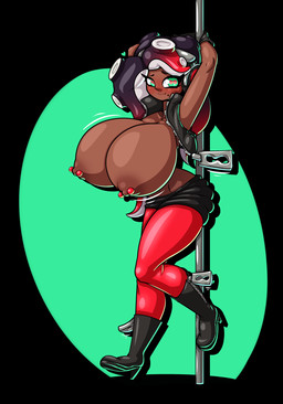 alternate_color big_breasts black_background blush boots breasts clothed clothing female footwear high_heeled_boots high_heels huge_breasts jacket leather leather_boots leather_clothing leather_footwear leather_jacket leather_topwear leggings legwear looking_at_viewer nipple_piercing nipples partial_nudity piercing pole pose pseudo_hair shoes simple_background solo stripper_pole suction_cup tentacle_hair tentacles topless topwear limebreaker nintendo splatoon marina_(splatoon) animal_humanoid aquatic aquatic_humanoid cephalopod cephalopod_humanoid humanoid mollusk mollusk_humanoid octarian octoling hi_res pinup