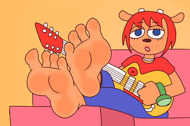 2_horns 4_toes anthro barefoot blue_bottomwear blue_clothing blue_eyes blue_pants bottomwear brown_nose clock clothed clothed_anthro clothed_female clothing crossed_ankles electric_guitar eyebrow_through_hair eyebrows eyelashes feet female foot_focus freckles fur guitar hair horn humanoid_feet musical_instrument open_mouth orange_body orange_fur pants plantigrade plucked_string_instrument red_clothing red_hair red_shirt red_topwear shirt sitting soles solo string_instrument toes topwear translucent translucent_hair watch white_horn white_sclera wristwatch compysteps parappa_the_rapper sony_corporation sony_interactive_entertainment um_jammer_lammy lammy_lamb bovid caprine mammal sheep absurd_res hi_res