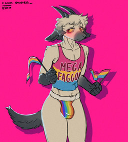 anthro athletic athletic_anthro athletic_male big_bulge blush bulge clothed clothing flag flag_(object) fur hair holding_flag holding_object homophobic_slur horn jockstrap lgbt_pride male midriff narrowed_eyes pansexual_pride_colors pink_background pride_color_clothing pride_color_flag pride_color_jockstrap pride_color_tank_top pride_color_underwear pride_colors rainbow_pride_colors shadow shirt simple_background slur solo standing super_gay tank_top text text_on_clothing text_on_shirt text_on_tank_top text_on_topwear topwear tuft underwear quqier lgbt_pride_month bovid caprine goat mammal 2025 absurd_res english_text hi_res url