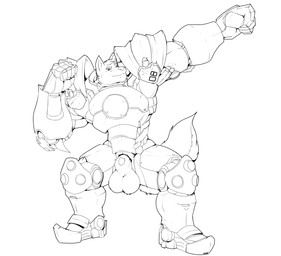 animal_genitalia anthro armor balls fur genitals hair male penis penis_tip sheath simple_background smile smiling_at_viewer solo standing tail white_background pandottermon canid canine canis domestic_dog husky mammal nordic_sled_dog spitz 2018 black_and_white monochrome