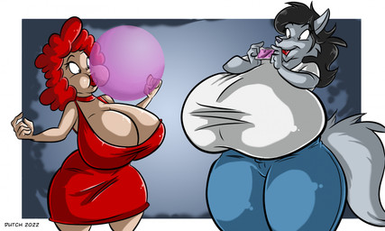 anthro big_breasts black_hair blowing_bubble_gum blue_bottomwear blue_clothing blue_jeans blue_pants bottomwear breast_growth breasts bubble_gum clothed clothed_anthro clothed_female clothing denim denim_bottomwear denim_clothing dress duo exposed_breasts female fully_clothed fully_clothed_anthro fully_clothed_female fur grey_body grey_fur growth hair huge_breasts hyper hyper_breasts jeans lipstick makeup pants red_clothing red_dress red_hair red_lipstick shirt topwear white_clothing white_shirt white_topwear dutch_(artist) mazed canid canine canis human mammal wolf 2022 absurd_res digital_media_(artwork) hi_res