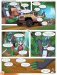 2016 adventure anthro blue_body blue_eyes blue_scales blue_teeth clothed clothing comic dialogue dinosaur english_text eyewear forest gidgit_(kabscorner) goggles green_body green_eyes green_scales group hi_res jeep jungle kabscorner kane_(kabscorner) kobold machete male melee_weapon patreon plant reptile scales scalie speech_bubble teeth text tree vergence weapon yellow_eyes