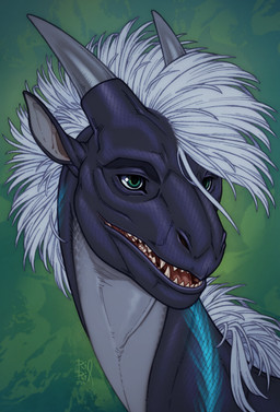abstract_background ambiguous_form ambiguous_gender blue_markings fangs glistening glistening_eyes green_eyes grey_body grey_horn grey_scales horn long_neck mane markings open_mouth red_tongue scales solo teeth tongue white_mane riorix mythology dragon mythological_creature mythological_scalie scalie 2025 dated hi_res
