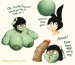 anthro areola bangs black_hair blunt_bangs breasts collar cross-eyed duo erection eyewear female female_focus genitals glasses green_body green_skin hair horn looking_at_breasts male male/female nipples open_mouth penis pig_nose snout solo_focus text hocolatemilk seymore animal_humanoid demon domestic_pig humanoid lagomorph lagomorph_humanoid leporid leporid_humanoid mammal mammal_humanoid orc rabbit rabbit_humanoid suid suine sus_(pig) english_text hi_res