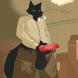 animal_genitalia animal_penis anthro balls big_balls black_body black_fur canine_genitalia canine_penis clothed clothing fur genitals male masturbation office open_clothing open_shirt open_topwear penis shirt solo topwear darehare the_backrooms canid canine canis mammal wolf absurd_res hi_res