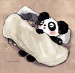 bedding black_body black_nose blanket blush chibi duo eyes_closed feral pillow simple_background tongue tongue_out white_body araru bear canid canine canis domestic_dog giant_panda mammal 2023 hi_res