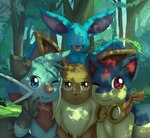 2022 ambiguous_gender annoyed anthro big_ears blue_eyes bokurei brown_eyes brown_kerchief brown_neckerchief cute_fangs dappled_light day dewott eevee eyeless eyewear feral forest forest_background frown generation_1_pokemon generation_2_pokemon generation_5_pokemon gesture goggles goggles_around_neck grass group group_portrait hand_gesture head_tuft hi_res isolde_(bokurei) kerchief lance_(bokurei) looking_at_viewer luke_(bokurei) membrane_(anatomy) membranous_wings nature nature_background neck_tuft neckerchief nintendo one_eye_closed open_mouth open_smile outside plant pokemon pokemon_(species) pokemon_mystery_dungeon pose quilava red_eyes shrub size_difference smaller_feral smile spike_chunsoft spread_wings tree tuft v_sign vlad_(bokurei) wings wink winking_at_viewer zubat