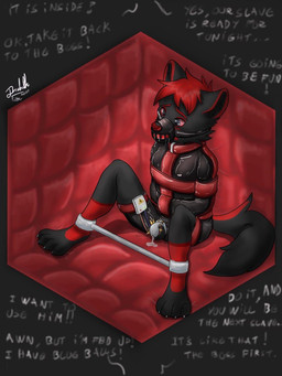 anthro bdsm bodily_fluids bondage bound chastity_cage chastity_device clothing dripping electrostimulation gag genital_fluids latex latex_clothing latex_skinsuit leaking_precum male muzzle_(object) muzzled padded_room precum precum_drip restraints skinsuit solo spreader_bar straitjacket text tight_clothing drakethefox nightmoon_(wolf-fox) canid canine canis mammal wolf 3:4 english_text hi_res