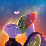 ambiguous_gender black_eyes clothing duo eyes_closed green_body green_skin heart_symbol kiss_on_lips kissing not_furry romantic space dafspiart no_man's_sky artemis_(no_man's_sky) alien humanoid traveller_(no_man's_sky) 1:1 hi_res