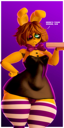 anthro blue_eyes bow_tie brown_hair clothing container dress femboy frown glowing glowing_eyes hair hand_on_hip legwear machine male one_eye_closed pizza_box solo standing thick_thighs thigh_highs wide_hips reaper21cry mishuyuu_(modeler) five_nights_at_freddy's scottgames spring_bonnie_(fnaf) animatronic lagomorph leporid mammal rabbit robot 1:2 3d_(artwork) digital_media_(artwork) hi_res