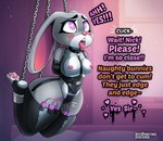 anthro bdsm blush bound breasts chain collar edging female hands_behind_back heart_pupils inside nipples offscreen_character open_mouth orgasm_denial remote_vibrator sex_toy solo submissive submissive_female suspension teeth text tongue tongue_out resonatingdiscord disney zootopia judy_hopps absurd_res english_text hi_res