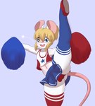 anthro big_butt blonde_hair blue_clothing blue_footwear blue_socks blush bodily_fluids buckteeth bulge butt cheering cheerleader cheerleader_outfit clothed clothing crop_top crossdressing femboy flexible footwear fur hair holidays legwear male midriff on_one_leg one_leg_up pink_inner_ear pink_nose pom_poms ponytail raised_leg red_clothing red_footwear red_shirt red_shoes red_tank_top red_topwear shirt shoes socks solo splits spread_legs spreading standing star sweat tank_top teeth thick_thighs thigh_highs thigh_socks topwear vertical_splits white_body white_clothing white_footwear white_fur white_shirt white_socks white_tank_top white_topwear mr-shin 4th_of_july marvin_(mr-shin) mammal mouse murid murine rodent 2023 hi_res