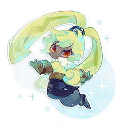 anthro bottomwear chibi clothing fluffy fluffy_chest fur gloves handwear long_ears male orange_eyes pants ponytail_ears shirtless small_waist solo yellow_body yellow_fur lanllan bandai_namco digimon digimon_ghost_game digimon_(species) lagomorph leporid mammal rabbit symbareangoramon