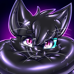 abstract_background ambiguous_gender anthro blue_latex bodysuit clothed clothing collar eyewear gimp gimp_mask glasses glistening gradient_background inflatable_collar latex mask pink_eyes purple_background simple_background skinsuit solo tight_clothing whiskers zipper zipper_mouth katsuke august_(meowmcmeow) domestic_cat felid feline felis mammal 1:1 2025 digital_media_(artwork) icon male_(lore)