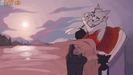 anthro bed bedding blanket bodily_fluids bottomwear clothing cloud female fur furniture grey_body grey_fur group hug lake male pillow reaching_up red_clothing red_eyes sky sunset tears white_body white_fur young young_female young_male soradezwolfox adastra adastra_(series) echo_project amicus_(adastra) cassius_(adastra) virginia_(adastra) canid canine canis mammal wolf 16:9 2024 hi_res widescreen mother_(lore) mother_and_child_(lore) parent_(lore) parent_and_child_(lore)