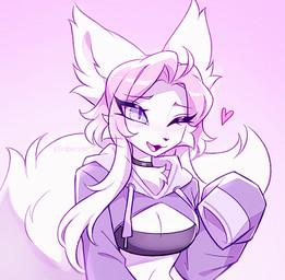 anthro blue_eyes blush breasts cleavage clothed clothing collar curvy_figure female fluffy fluffy_ears fluffy_tail heart_reaction hoodie hourglass_figure midriff navel one_eye_closed solo tail topwear wink 3rdperson_iz iz_(3rdperson_iz) canid canine fox mammal