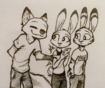 2022 absurd_res anthro canid canine cellphone clothed clothing disney electronics eyes_closed fan_character fox fully_clothed group hi_res holding_cellphone holding_object holding_phone inktober jack_savage judy_hopps lagomorph leporid mammal monochrome nick_wilde phone rabbit red_fox shirt smile t-shirt theblueberrycarrots topwear traditional_media_(artwork) trio true_fox zootopia