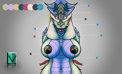 anthro big_breasts black_nipples breasts color_swatch cross cross_necklace curvy_figure facial_piercing female front_view gradient_background green_body hands_behind_back headdress hourglass_figure jewelry lipstick looking_at_viewer makeup navel navel_piercing necklace nipple_piercing nipples nose_piercing piercing purple_body red_lipstick ribbons scales simple_background solo spikes yellow_eyes lizzyglizzy mythology juna_june_(lizzyglizzy) dragon mythological_creature mythological_scalie scalie 2021 digital_media_(artwork) hi_res model_sheet shaded soft_shading watermark