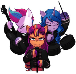 bass_guitar black_clothing clothing drum drumstick_(musical) electronics female feral group guitar horn microphone microphone_stand musical_instrument percussion_instrument plucked_string_instrument simple_background string_instrument trio white_background marenlicious hasbro mlp_g5 my_chemical_romance my_little_pony mythology the_black_parade izzy_moonbow_(mlp) sunny_starscout_(mlp) zipp_storm_(mlp) earth_pony equid equine horse mammal mythological_creature mythological_equine pony unicorn absurd_res hi_res