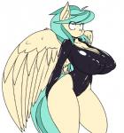 anthro anthrofied big_breasts breasts clothing female huge_breasts latex leotard nipple_outline nipples purple_eyes solo standing thick_thighs wings reiduran hasbro my_little_pony mythology fan_character ostria_chime_(oc) equid equine mammal mythological_creature mythological_equine pegasus hi_res