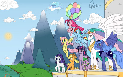 anthro armor attached_to_balloon balloon balloon_support blonde_hair blue_body blue_eyes blue_feathers blue_fur blue_hair building clothing cloud crown cutie_mark detailed_background feathered_wings feathers female feral forest fur green_eyes group hair hanging_from_balloon hat headgear headwear horn house inflatable inflatable_support long_hair male mountain multicolored_hair outside pink_body pink_eyes pink_fur pink_hair plant princess purple_eyes purple_hair rainbow_hair royalty short_hair sky sun tail tree two_tone_hair wings wood yellow_body yellow_feathers young young_anthro valcron friendship_is_magic hasbro my_little_pony mythology applejack_(mlp) fluttershy_(mlp) pinkie_pie_(mlp) princess_celestia_(mlp) princess_luna_(mlp) rainbow_dash_(mlp) rarity_(mlp) spike_(mlp) twilight_sparkle_(mlp) dragon earth_pony equid equine horse mammal mythological_creature mythological_equine mythological_scalie pegasus pony scalie unicorn winged_unicorn hi_res