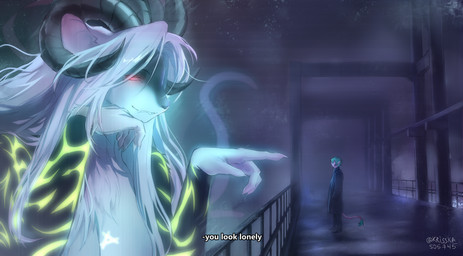 anthro black_body black_fur blue_hair clothing coat duo female fog fur glowing hair horn male male/female multicolored_body multicolored_fur red_eyes tail tail_tuft tattoo text topwear trenchcoat tuft white_body white_fur white_hair krisska blade_runner voices_of_the_void warhammer_(franchise) esriek_(queeky) lynne_(skittersqueak) ariral mammal rodent skaven verminlord absurd_res english_text hi_res