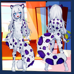 anthro areola biped blue_eyes blush blush_lines bra breasts butt clothing eyelashes feet female fingers front_view fur genitals grey_body hair loli long_eyelashes looking_at_viewer markings navel nipples nude open_mouth pupils purple_spots rear_view small_breasts smile spots spotted_body spotted_fur standing tail teeth thick_thighs toes underwear vulva white_body white_hair young young_anthro young_female ai_assisted ai_generated_background sicmop felid mammal pantherine snow_leopard 1:1 alpha_channel digital_media_(artwork) hi_res