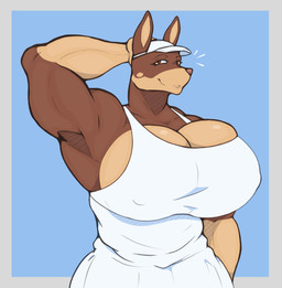 anthro big_breasts breasts brown_body brown_eyes brown_fur cleavage clothed clothing dress female fur hat headgear headwear huge_breasts mature_female muscular muscular_female nipple_outline simple_background smile solo amadchief tracy_porter canid canine canis dobermann domestic_dog mammal pinscher absurd_res hi_res