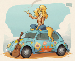 1960s_theme 4_toes 5_fingers acoustic_guitar alternative_fashion anthro barefoot blonde_eyebrows blonde_hair blue_bottomwear blue_clothing blue_eyes blue_jeans blue_pants blue_sky bottomwear breasts brown_clothing brown_nose brown_scarf brown_shirt brown_topwear car cigarette cleavage clothed clothed_anthro clothed_female clothing cloud day denim denim_bottomwear denim_clothing eyebrows eyelashes feet female female_anthro fingers floppy_ears fur guitar hair hippie holding_cigarette holding_object jeans jewelry lit_cigarette logo long_hair long_sleeves looking_at_viewer medium_breasts multicolored_body multicolored_clothing multicolored_fur multicolored_shirt multicolored_topwear musical_instrument necklace outside pants plucked_string_instrument pupils scarf shirt sitting sky smile smoke snout solo string_instrument tan_body tan_clothing tan_fur tan_shirt tan_topwear teeth toes topwear two_tone_body two_tone_clothing two_tone_fur two_tone_shirt two_tone_topwear vehicle yellow_body yellow_ears yellow_fur posspowered porsche_automobil_holding_se volkswagen volkswagen_beetle volkswagen_group canid canine canis domestic_dog hunting_dog mammal saluki sighthound 2025 artist_logo hi_res