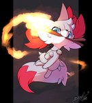 ambiguous_gender blue_eyes feral fire fluffy fluffy_tail freckles fur jumping purple_body purple_fur red_body red_fur solo stick stick_in_mouth tail gingy_k_fox nintendo pokemon gingy_(gingy_k_fox) fennekin generation_6_pokemon pokemon_(species) shiny_pokemon 2023 hi_res signature