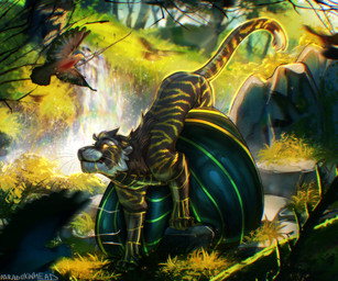 abdominal_bulge ambiguous_gender belly big_belly black_body black_fur feral feral_pred fur glowing glowing_eyes huge_belly same_size_vore striped_body striped_fur stripes vore whiskers yellow_body yellow_eyes yellow_fur paradoxinhead avian bird felid mammal pantherine tiger