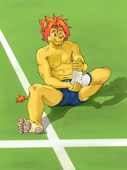 4_toes 5_fingers abs anthro athlete athletic athletic_anthro athletic_male bodily_fluids bottomwear clothed clothing feet fingers footwear hair hindpaw male navel nipples one_sock pawpads paws pecs pink_nose plantigrade red_hair shorts soccer_field socks solo sweat sweatdrop toes topless undressing kounfuyu morenatsu soutarou_touno felid lion mammal pantherine 2020 hi_res