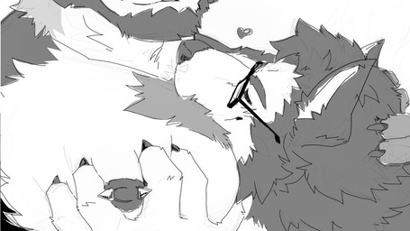 anthro barbell_piercing chest_tuft duo eyewear face_on_chest glasses hand_behind_head hand_on_pecs heart_symbol male male/male muscular muscular_anthro muscular_male nipple_barbell nipple_piercing nipples pec_squeeze piercing tuft basch orion_(aluminemsiren) alaskan_malamute canid canine canis domestic_dog felid lion mammal nordic_sled_dog pantherine spitz 16:9 2023 monochrome widescreen